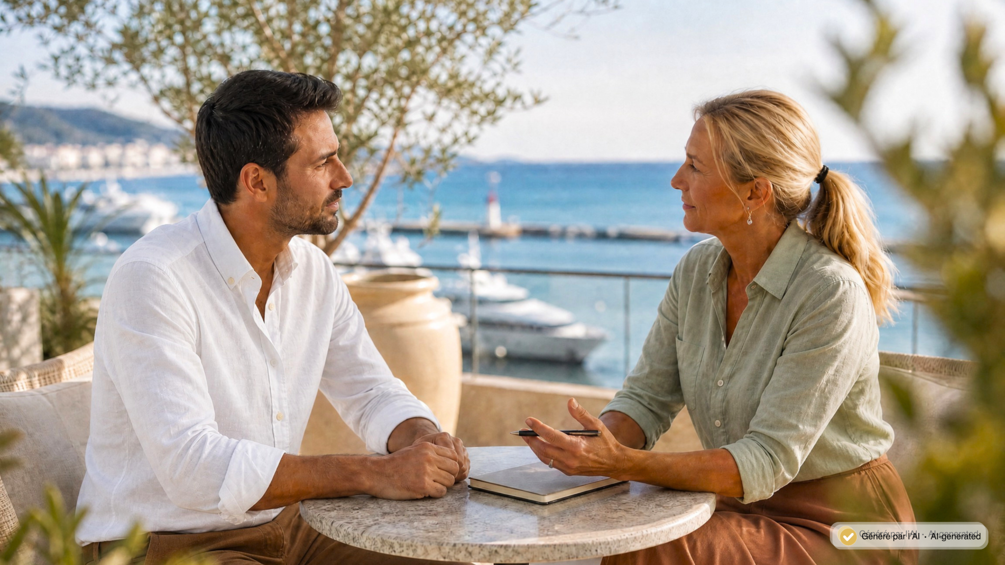 Business-Knigge-Training Cannes - KI-generiert - Eventteilnehmer (Mann und Frau) im Gespräch