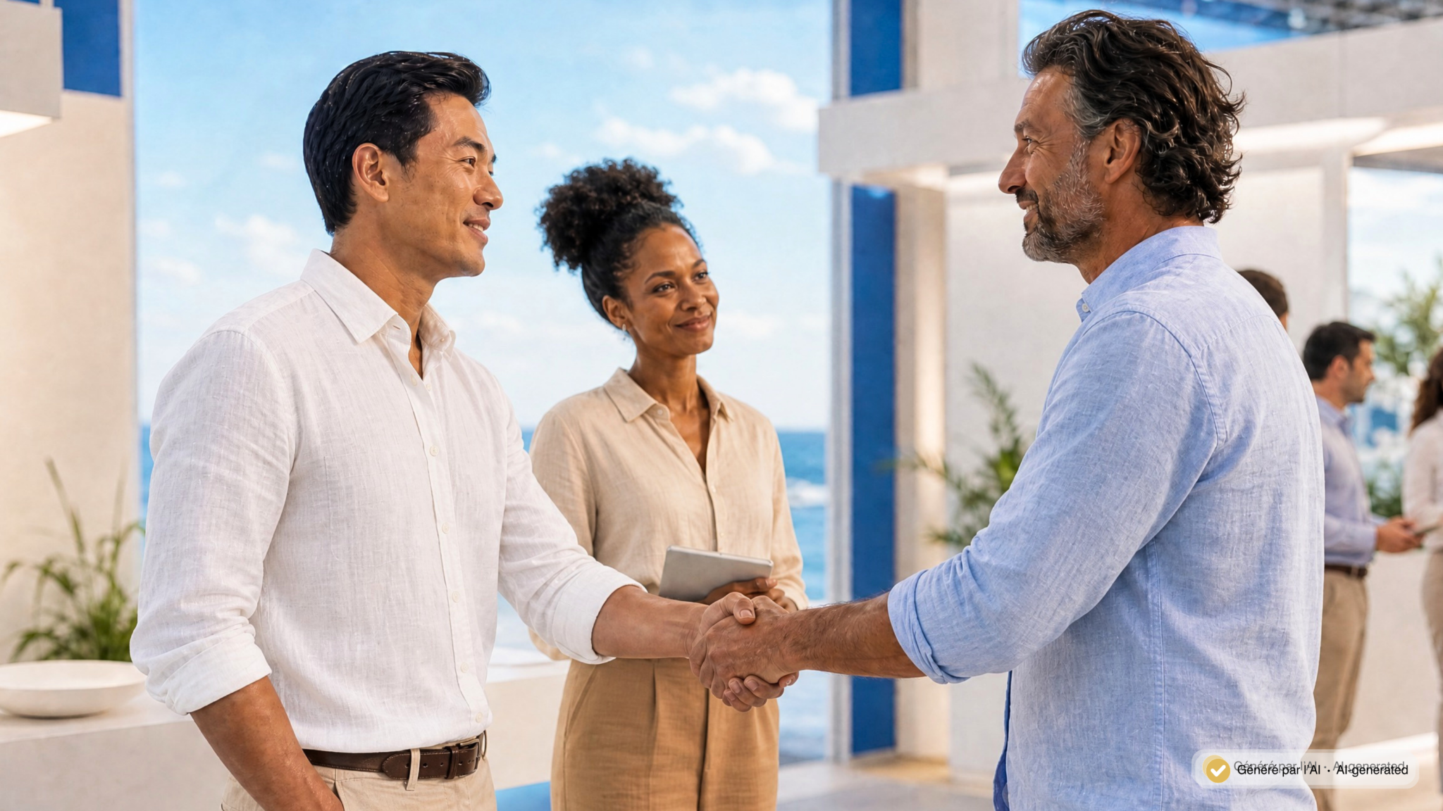 Business Etiquette Training in Cannes - AI-generated image - Executive shakes hands with event participants in greeting
